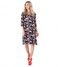 Casual viscose dress printed with hummingbirds and flowers