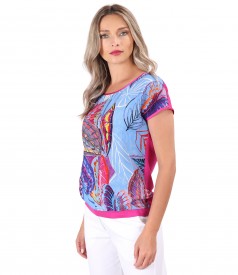 Blouse with front made of natural cupro fabric with digital print