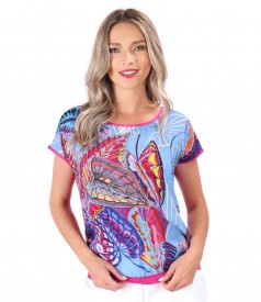 Blouse with front made of natural cupro fabric with digital print