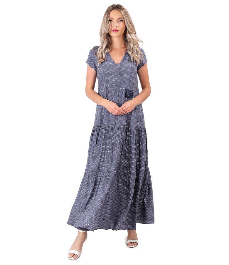 Long viscose dress with ruffles printed with dots grey - YOKKO