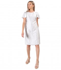Brocade fabric dress with linen and pearls at the neckline