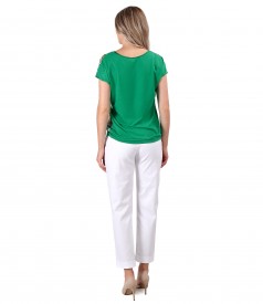 Elegant outfit with textured cotton pants and viscose blouse