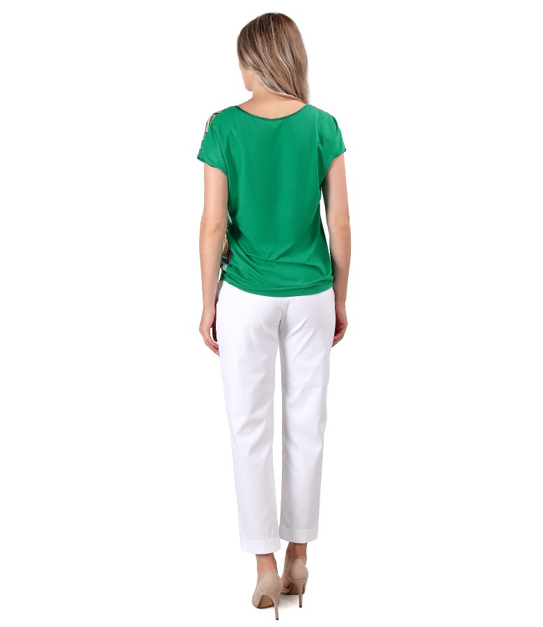 Elegant outfit with textured cotton pants and viscose blouse