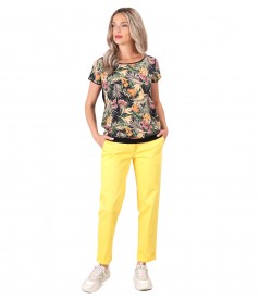 Textured cotton pants with floral print blouse