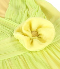 Natural silk veil evening dress with brooch