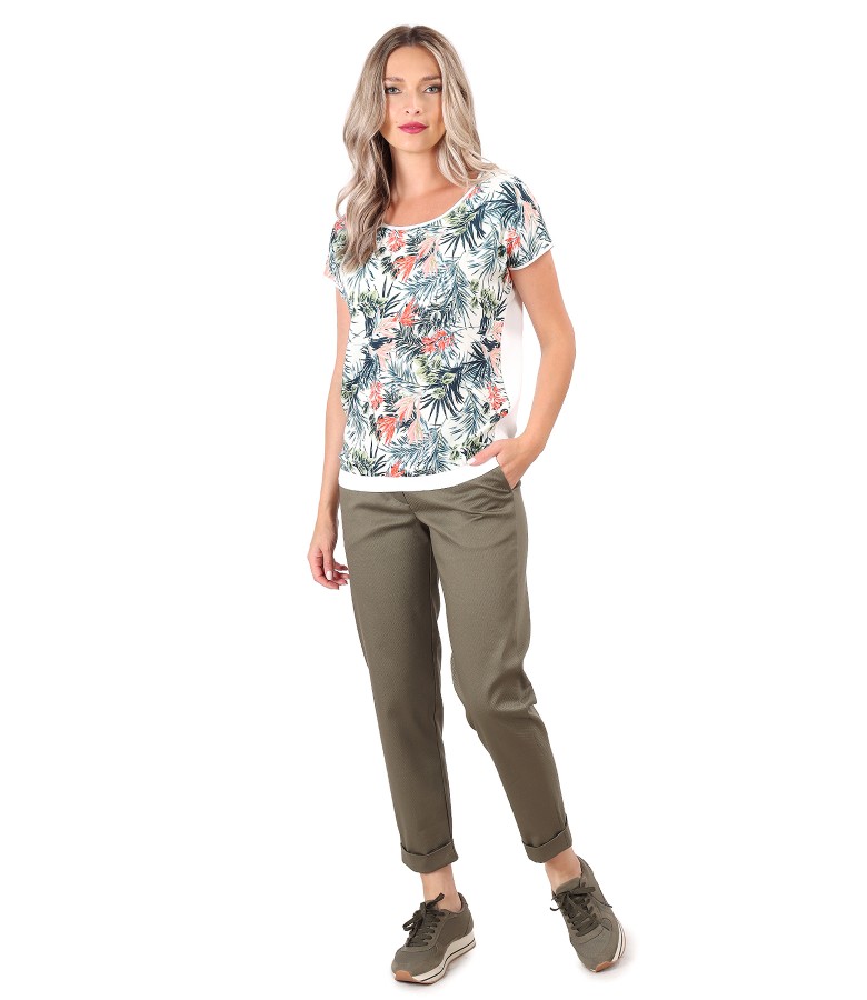 Smart/casual outfit with textured cotton pants and blouse with printed viscose front
