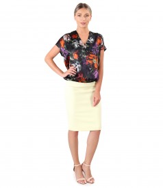 Casual natural silk blouse with office skirt