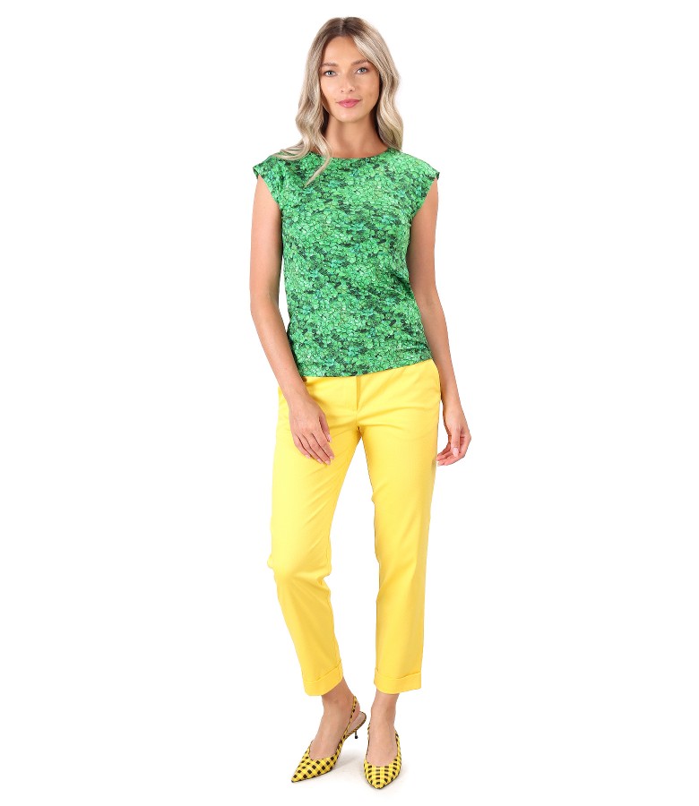 Textured cotton pants with printed elastic jersey blouse