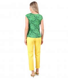 Textured cotton pants with printed elastic jersey blouse