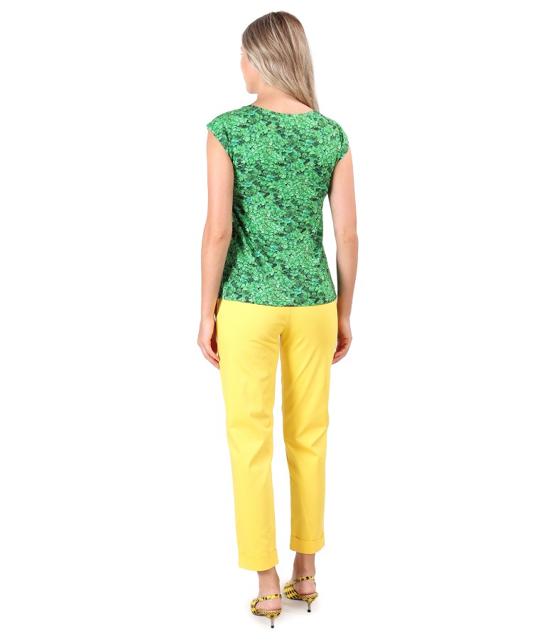 Textured cotton pants with printed elastic jersey blouse