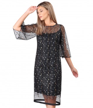 Evening dress with wide lace sleeves with sequins