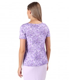 Elastic jersey blouse printed with floral motifs