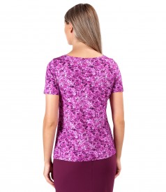 Elastic jersey blouse printed with floral motifs