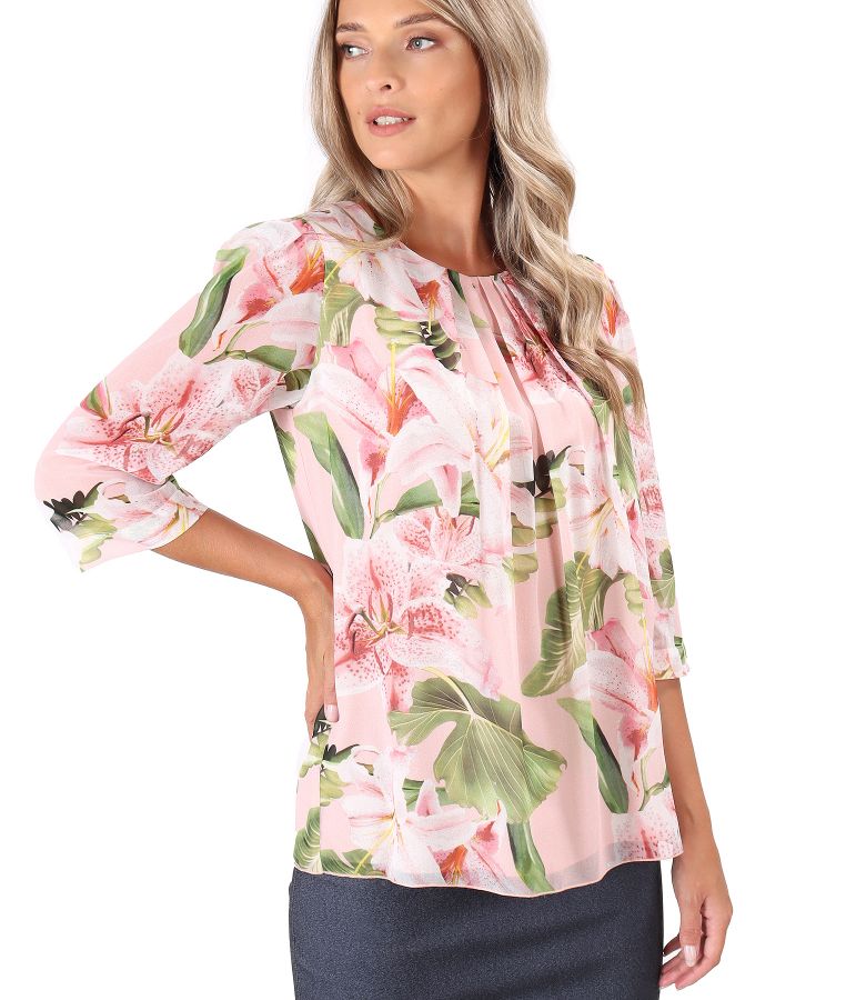 Casual veil blouse with pleats at the decolletage pink - YOKKO