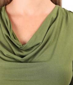 Viscose elastic jersey blouse with pleated neckline