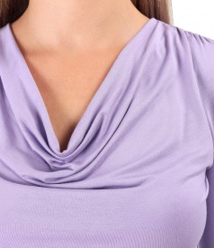 Viscose elastic jersey blouse with pleated neckline