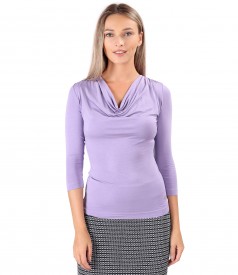 Viscose elastic jersey blouse with pleated neckline