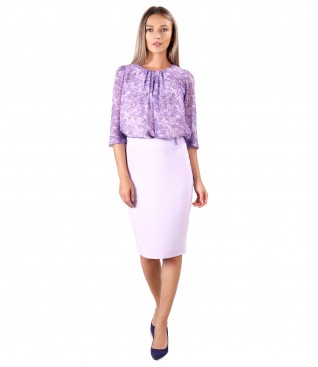 Elegant outfit with printed veil blouse and office skirt