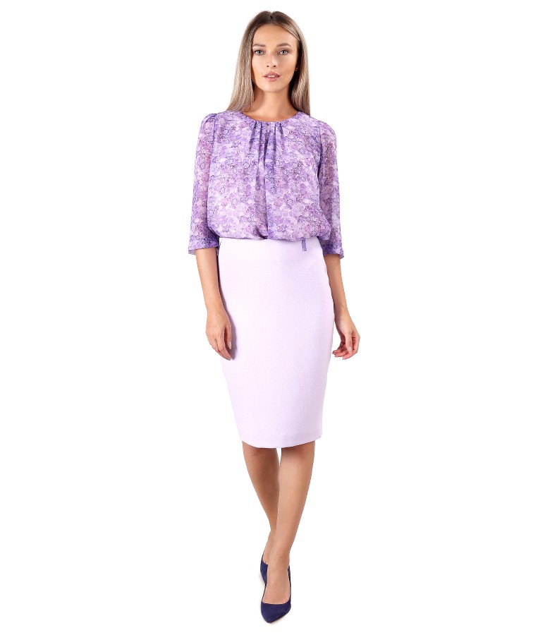 Elegant outfit with printed veil blouse and office skirt