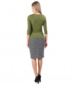 Office skirt with jersey blouse with pleats at the neckline