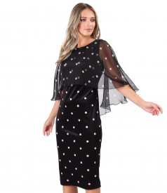 Polka dot velvet dress with polka dot printed veil cape