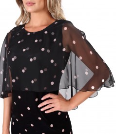 Polka dot velvet dress with polka dot printed veil cape