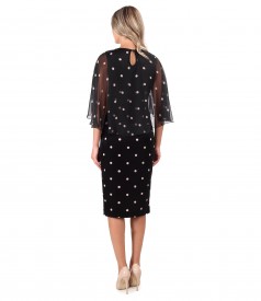 Polka dot velvet dress with polka dot printed veil cape