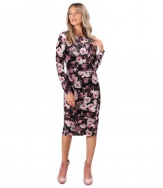 Elastic velvet dress printed with floral motifs