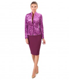 Printed velvet jacket and elastic fabric office skirt