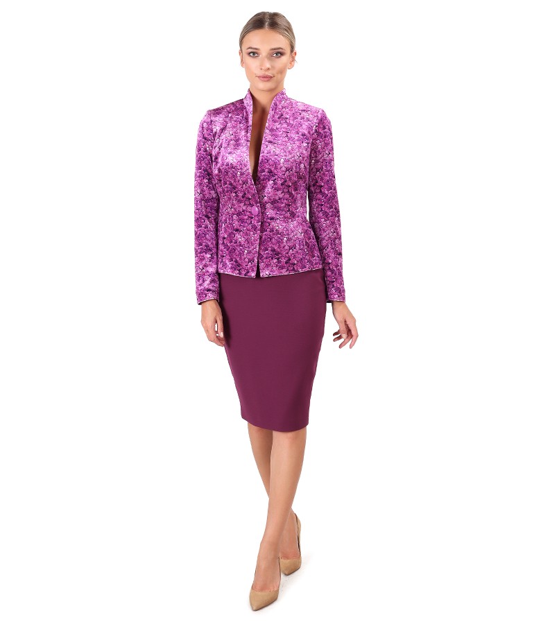 Printed velvet jacket and elastic fabric office skirt