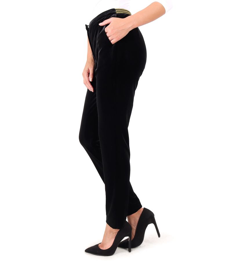 Black elastic velvet pants with elastic at the waist