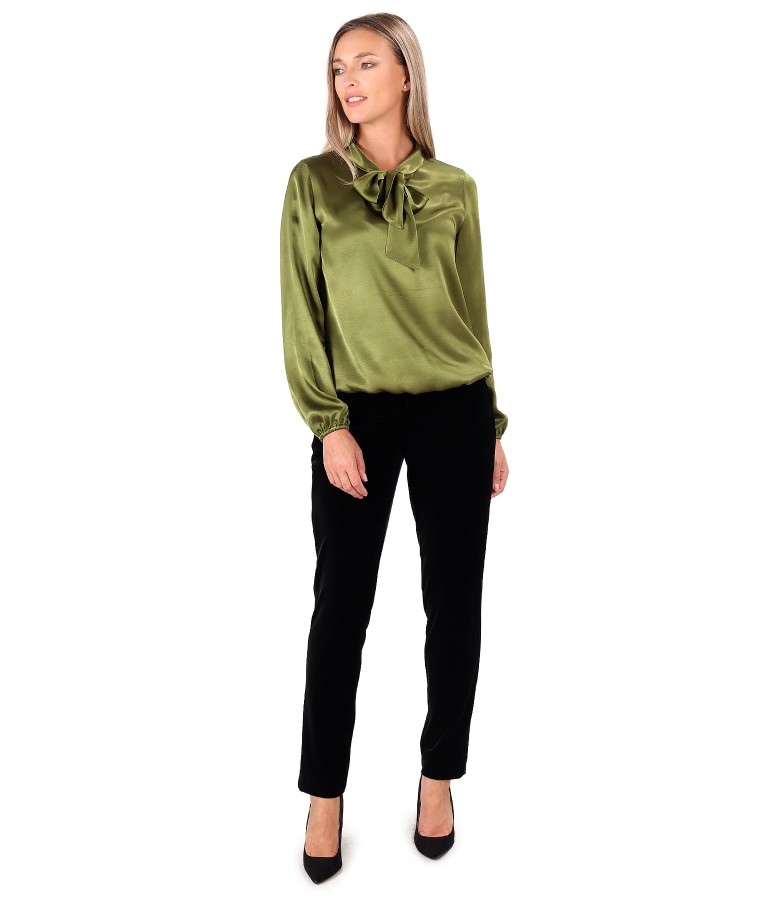 Elegant outfit with elastic velvet pants and viscose satin blouse