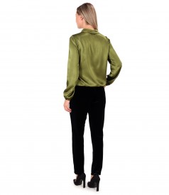 Elegant outfit with elastic velvet pants and viscose satin blouse