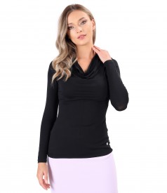 Elastic jersey blouse with pleated neckline