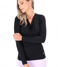 Elastic jersey blouse with pleated neckline