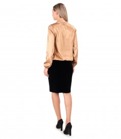 Satin viscose blouse with black elastic velvet skirt