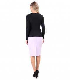 Office outfit with tapered skirt and blouse with pleated neckline