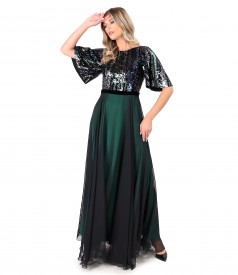 Long veil evening dress with bodice and sequin sleeves