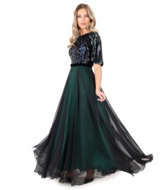 Long veil evening dress with bodice and sequin sleeves