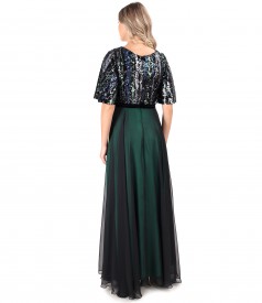 Long veil evening dress with bodice and sequin sleeves