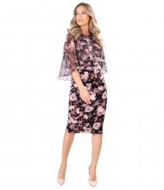 Velvet dress printed with floral motifs with printed veil cape