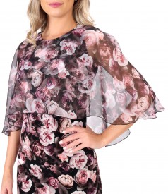 Velvet dress printed with floral motifs with printed veil cape