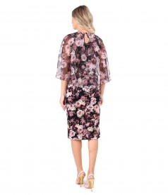 Velvet dress printed with floral motifs with printed veil cape