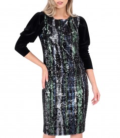 Elegant dress with multicolored sequins front and velvet back