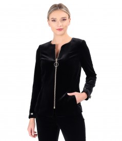 Elastic velvet jacket with zipper on the front