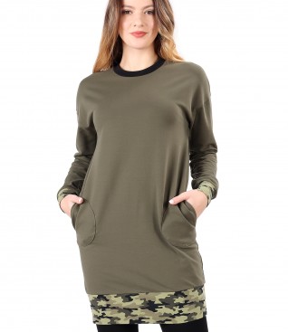 Elastic cotton sweatshirt dress with front pocket