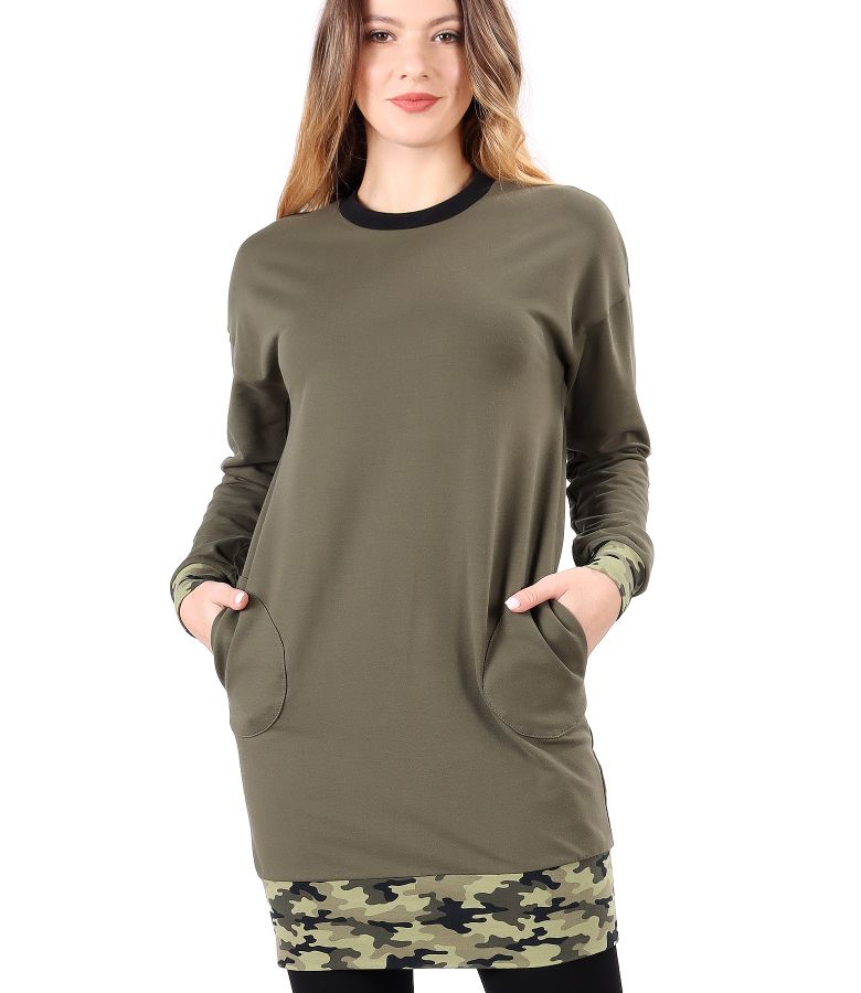 Elastic cotton sweatshirt dress with front pocket khaki - YOKKO