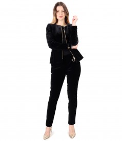 Elegant outfit with black elastic velvet pants and jacket