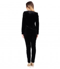Elegant outfit with black elastic velvet pants and jacket