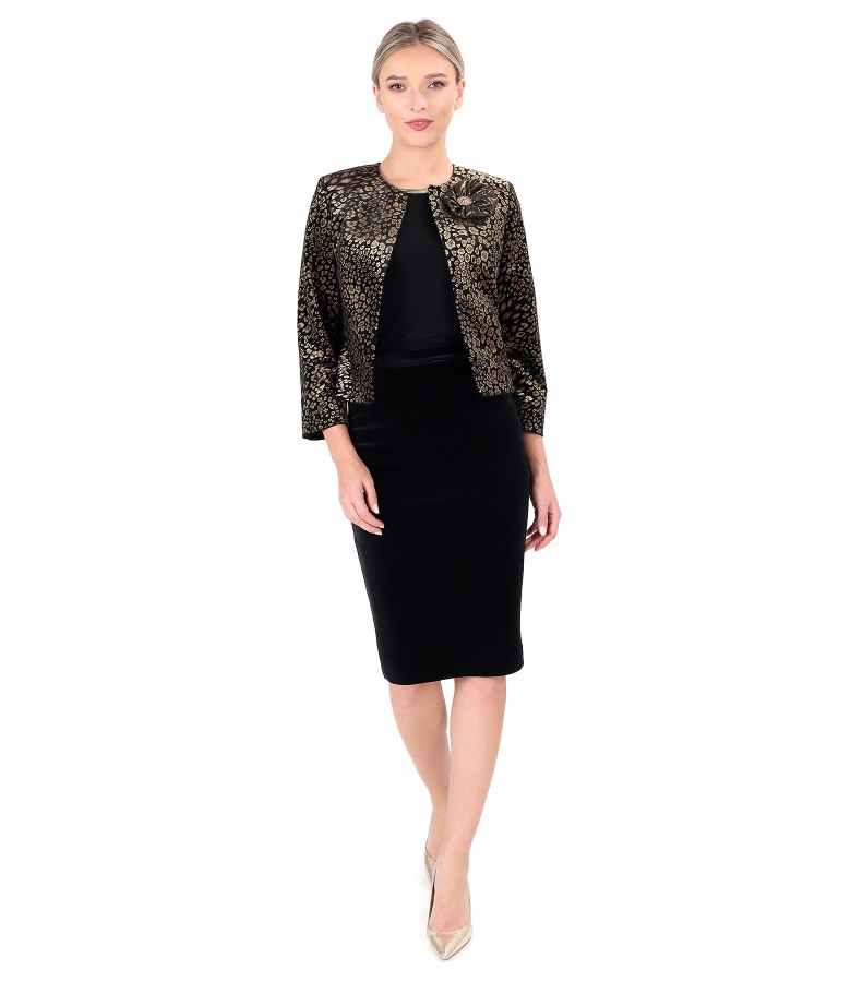 Velvet bolero printed with golden motifs with black velvet tapered skirt